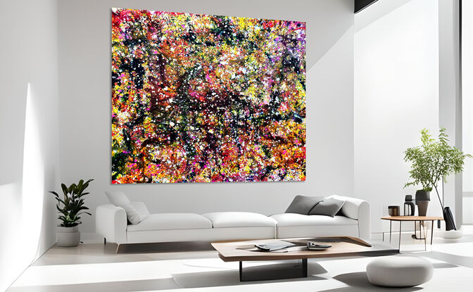 Images show the painting in two lounge rooms with high ceilings.