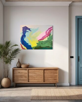 A vibrant acrylic painting titled "Luminous Dance" featuring dynamic interplay of bold colours with rich blues, greens, warm yellows, and pinks. The artwork exudes a sense of movement and energy, inviting viewers to immerse themselves in its lively, abstract forms.