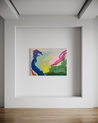 A vibrant acrylic painting titled "Luminous Dance" featuring dynamic interplay of bold colours with rich blues, greens, warm yellows, and pinks. The artwork exudes a sense of movement and energy, inviting viewers to immerse themselves in its lively, abstract forms.