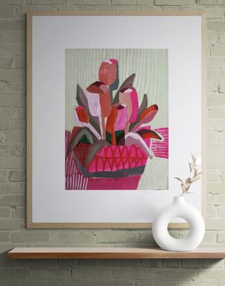 One of four larger works on paper included in my recent floral series. Living in the stunning Southern Highlands NSW, we are blessed with many beautiful gardens including smaller local gardens lining the local streets. I have amazing photographs of tulip beds in Leighton Gardens, the ideal inspiration for these vibrant, fun paintings.