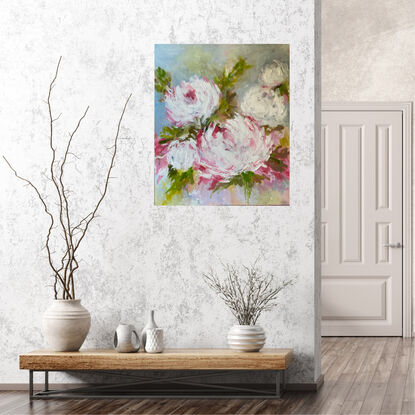 Pink Flowers and greenery on a light background