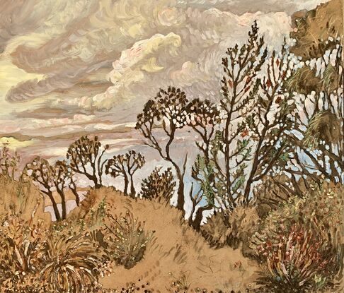 Warm hues and organic shapes of gum trees and banksias complement the whites of the rolling clouds in the expansive sky.