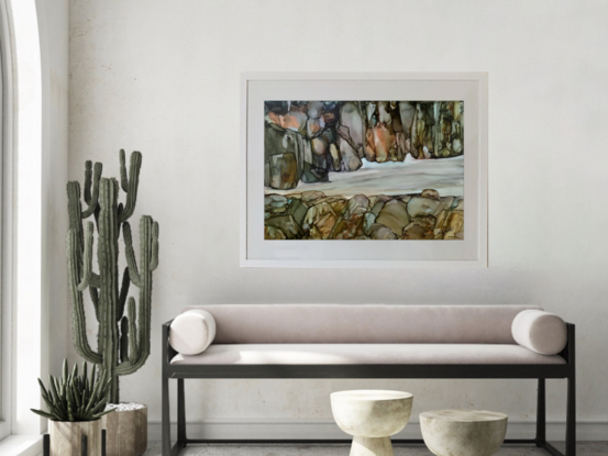 Abstract expressive painting of a gorge and running stream at its base, in inks on polypropylene paper, framed under art glass with white timber frame and mat. Ready to hang. 