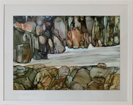 Abstract expressive painting of a gorge and running stream at its base, in inks on polypropylene paper, framed under art glass with white timber frame and mat. Ready to hang. 