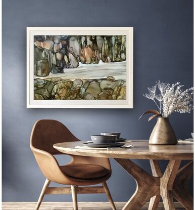 Abstract expressive painting of a gorge and running stream at its base, in inks on polypropylene paper, framed under art glass with white timber frame and mat. Ready to hang. 