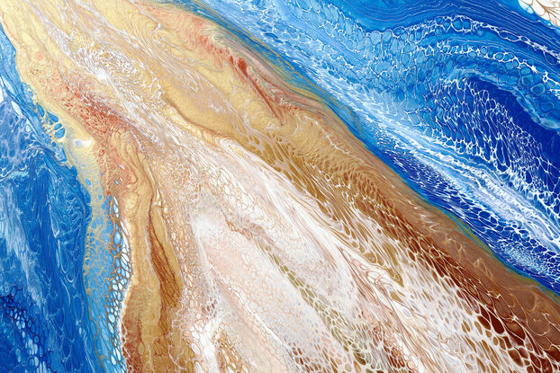 ABSTRACT painting of flowing colours: golds, light golds, ochre, chocolate, royal purple, pink, beige. dark blue, light blue, marine and had
It has incredible depth while evoking a feeling of peace/
The closer you get to the painting the more of the interesting details and patterns you can see. Metallics add an extra depth because the painting changes personality when one views from different angles.