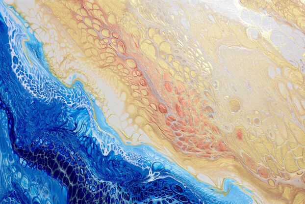 ABSTRACT painting of flowing colours: golds, light golds, ochre, chocolate, royal purple, pink, beige. dark blue, light blue, marine and had
It has incredible depth while evoking a feeling of peace/
The closer you get to the painting the more of the interesting details and patterns you can see. Metallics add an extra depth because the painting changes personality when one views from different angles.