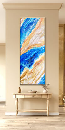 ABSTRACT painting of flowing colours: golds, light golds, ochre, chocolate, royal purple, pink, beige. dark blue, light blue, marine and had
It has incredible depth while evoking a feeling of peace/
The closer you get to the painting the more of the interesting details and patterns you can see. Metallics add an extra depth because the painting changes personality when one views from different angles.