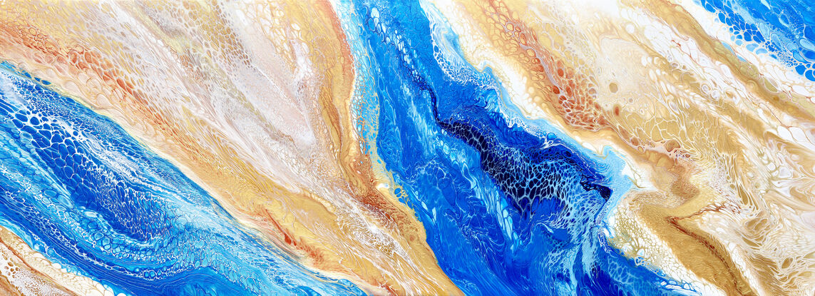 ABSTRACT painting of flowing colours: golds, light golds, ochre, chocolate, royal purple, pink, beige. dark blue, light blue, marine and had
It has incredible depth while evoking a feeling of peace/
The closer you get to the painting the more of the interesting details and patterns you can see. Metallics add an extra depth because the painting changes personality when one views from different angles.