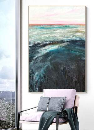 Colourful textured abstract seascape with soft blue and hot pink sky and vibrant teal blue ocean with movement.