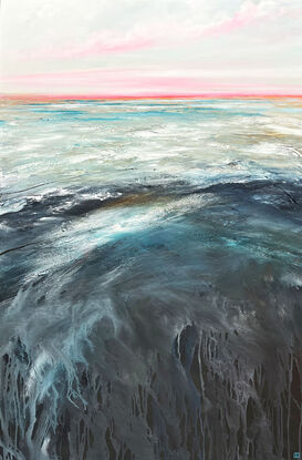 Colourful textured abstract seascape with soft blue and hot pink sky and vibrant teal blue ocean with movement.