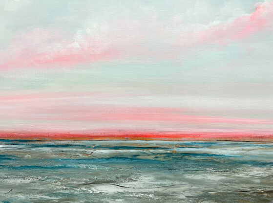 Colourful textured abstract seascape with soft blue and hot pink sky and vibrant teal blue ocean with movement.