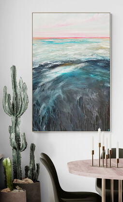 Colourful textured abstract seascape with soft blue and hot pink sky and vibrant teal blue ocean with movement.