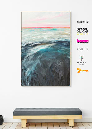 Colourful textured abstract seascape with soft blue and hot pink sky and vibrant teal blue ocean with movement.