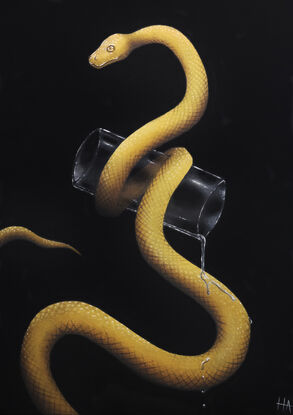 A small yellow snake on a black background, holding a glass.