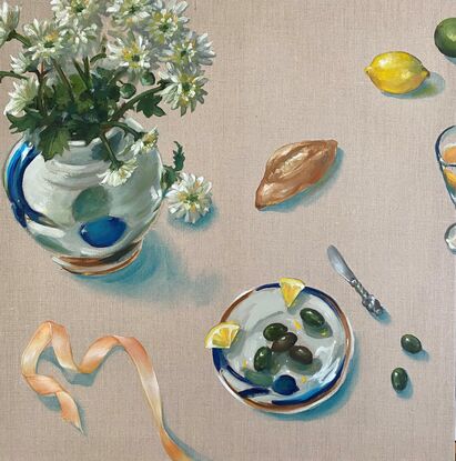 A triptych inspired by my favourite restaurant on the Amalfi Coast painted on natural linen featuring Pasta Al Limone by @vincenzosplate, wine with fresh peaches, warm olives,  chrysanthemums, with beautiful jug and dinnerware by @megpateyceramic. The colours are the fresh and uplifting lemons, blues and creams of  Mediterranean Italy.