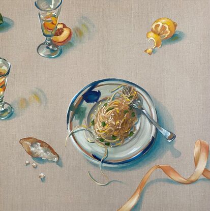 A triptych inspired by my favourite restaurant on the Amalfi Coast painted on natural linen featuring Pasta Al Limone by @vincenzosplate, wine with fresh peaches, warm olives,  chrysanthemums, with beautiful jug and dinnerware by @megpateyceramic. The colours are the fresh and uplifting lemons, blues and creams of  Mediterranean Italy.