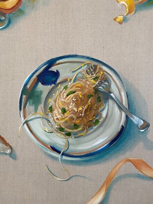 A triptych inspired by my favourite restaurant on the Amalfi Coast painted on natural linen featuring Pasta Al Limone by @vincenzosplate, wine with fresh peaches, warm olives,  chrysanthemums, with beautiful jug and dinnerware by @megpateyceramic. The colours are the fresh and uplifting lemons, blues and creams of  Mediterranean Italy.