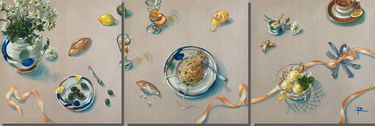 A triptych inspired by my favourite restaurant on the Amalfi Coast painted on natural linen featuring Pasta Al Limone by @vincenzosplate, wine with fresh peaches, warm olives,  chrysanthemums, with beautiful jug and dinnerware by @megpateyceramic. The colours are the fresh and uplifting lemons, blues and creams of  Mediterranean Italy.