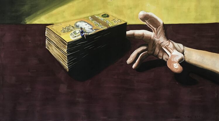 Watercolour painting of a brick of fifty dollar notes with a little lady sitting atop watching a large hand trying to grab the cash!