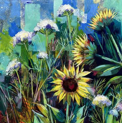 pale yellow sunflowers on a bright blue background semi-abstracted contemporary, disrupted realism
