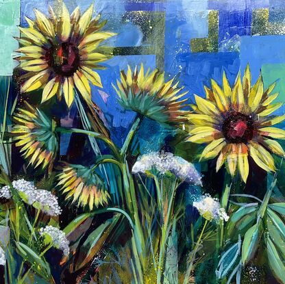 pale yellow sunflowers on a bright blue background semi-abstracted contemporary, disrupted realism
