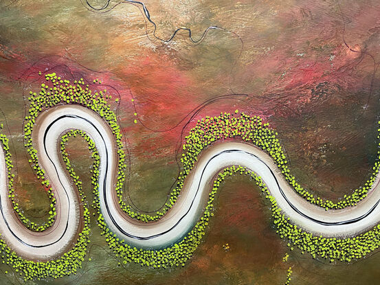 After The Summer Rains  is a textured aerial landscape painting with river meandering across the canvas and scattered trees across  the countryside in earthy green tones with highlights of pink and orange. 