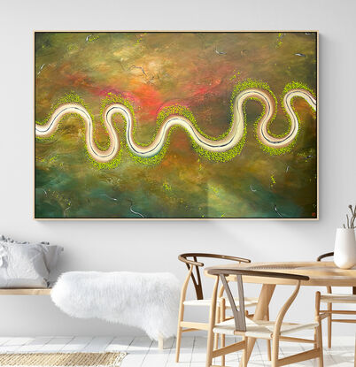 After The Summer Rains  is a textured aerial landscape painting with river meandering across the canvas and scattered trees across  the countryside in earthy green tones with highlights of pink and orange. 