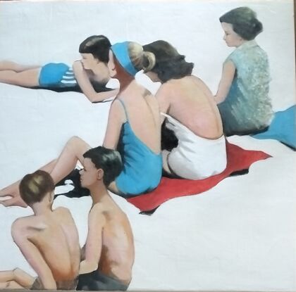 4 Women/girls and 2 boys sit and lie on the sand and red towels,.