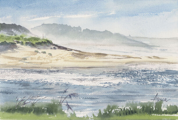 Looking across the channel to Buckleys Beach with mist on the background headland