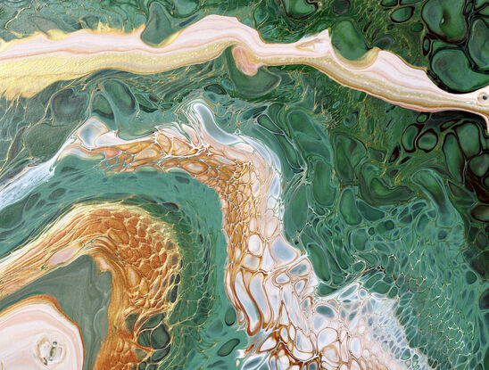 ABSTRACT painting of flowing colours: golds, light golds, ochre, chocolate, royal purple, pink, beige. sage olive. deep greens of emerald and had
It has incredible depth while evoking a feeling of peace/
The closer you get to the painting the more of the interesting details and patterns you can see. Metallics add an extra depth because the painting changes personality when one views from different angles.