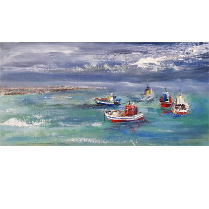 An oil painting of boats at Williamstown Melbourne.