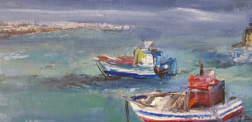 An oil painting of boats at Williamstown Melbourne.