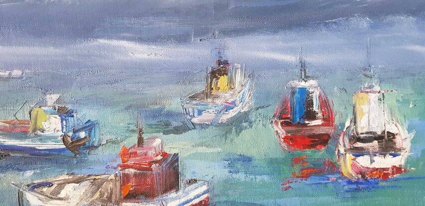 An oil painting of boats at Williamstown Melbourne.