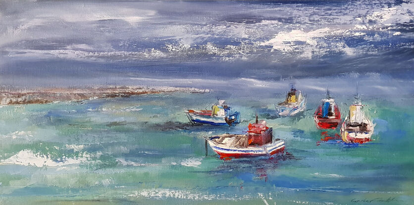 An oil painting of boats at Williamstown Melbourne.