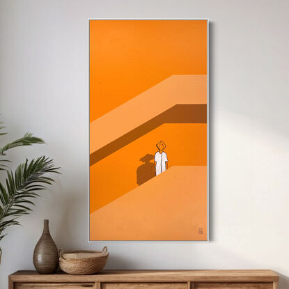 Extra Large black line art image with vibrant orange/burnt sienna colour and figurative imagery.