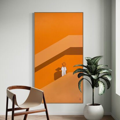 Extra Large black line art image with vibrant orange/burnt sienna colour and figurative imagery.