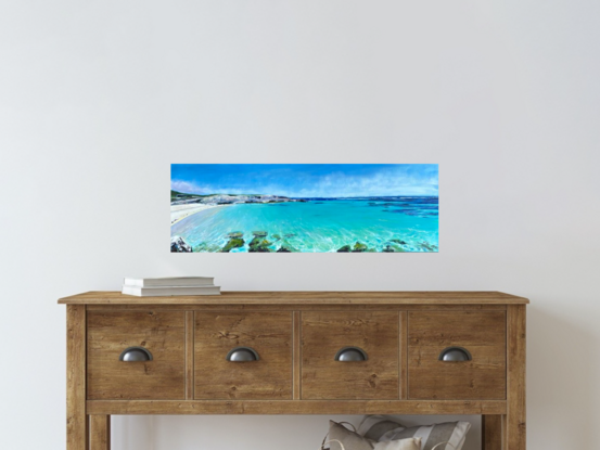 An impressionistic painting of a  white sandy cove, long distance aqua ocean stretching to the horizon on a long landscape canvas.