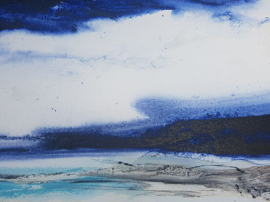 An oil painting showing a dark blue sky over a beach seascape.