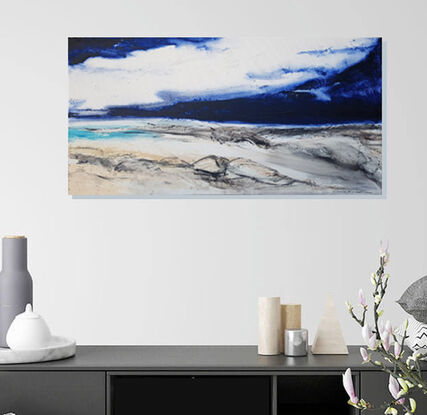 An oil painting showing a dark blue sky over a beach seascape.