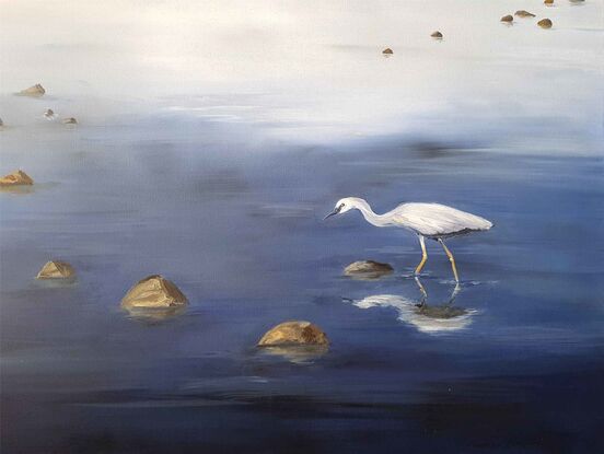 An oil painting of a heron wading through water at Altona beach, Melbourne