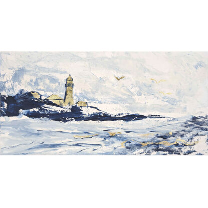 A dark blue and white abstract seascape of Petit Manan lighthouse sits on a rocky island in the Gulf of Maine.