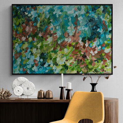 layers of green, blue and brown autumn leaves falling to the ground. Colourful original abstract landscape painting