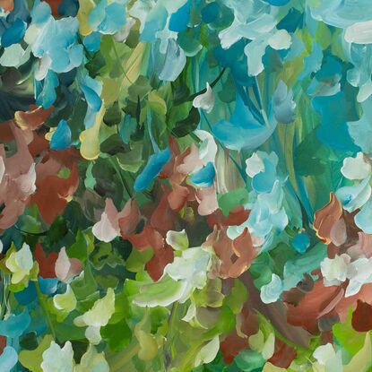 layers of green, blue and brown autumn leaves falling to the ground. Colourful original abstract landscape painting