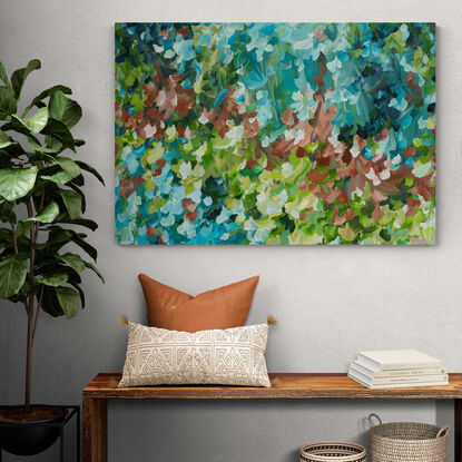 layers of green, blue and brown autumn leaves falling to the ground. Colourful original abstract landscape painting