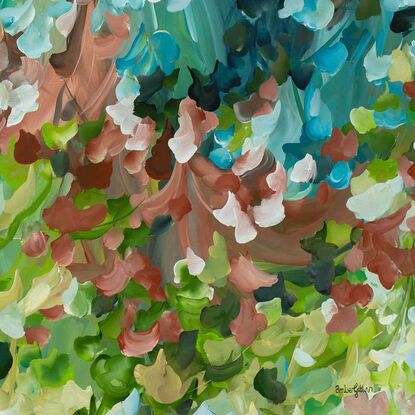 layers of green, blue and brown autumn leaves falling to the ground. Colourful original abstract landscape painting