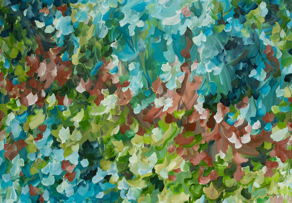 layers of green, blue and brown autumn leaves falling to the ground. Colourful original abstract landscape painting