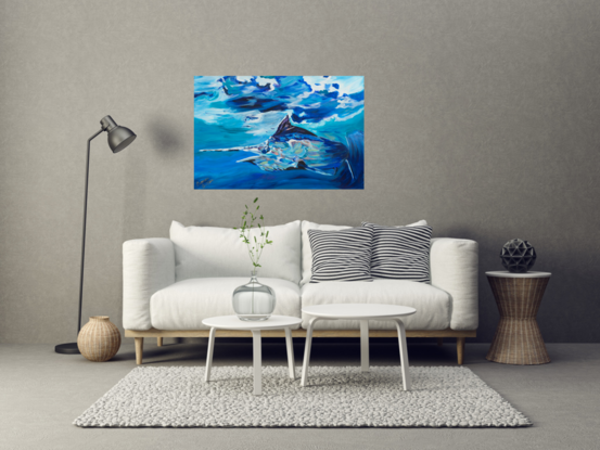 Marlin fish painted with motion in a range of blue and multi vibrant colours