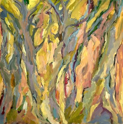 This is a painting of strong colours.  The Background of many yellow, green and muted red tones.  The trees are in darker tones of grey blue and mauve.  The trees are suggested and  move with an upward view.  