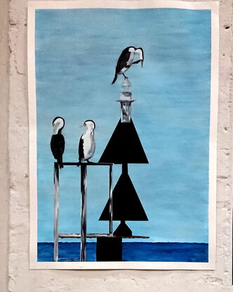 Three Birds waiting on a marine marker, blue background